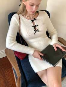 Livesso Women's Colorblock Bowknot Backless Fitted Bodycon Dress, Stylish Knit Sweater Dress For New Year, Christmas, Wedding Party - Beige - View 3