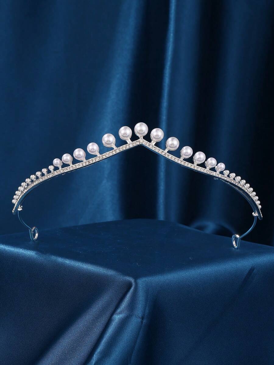 Diadème de perles féeriques pour femmes, orné de zirconiums cubiques et de cristaux, couronne de princesse simple, perles, bandeau de mariage, accessoire de coiffure pour mariage, bal de promo, quinceañera ou anniversaire. - Argent - Voir 1