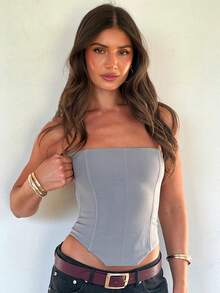 Women Bustier Corset Top Y2k Strapless Tie Back Boned Overbust Tube Crop Tops Going Out Club Shapewear - 灰色 - 查看 4