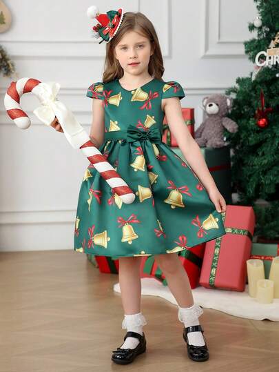 Young Girls Christmas Limited Edition Dark Green Bell Dress With Bow Waistband, Girls Holiday Dress