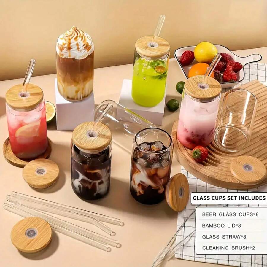 1 Glass With Bamboo Lid And Glass Straw, Easter Gift For Wife Or Mother - Cylindrical Drinking Cup Gift, 16 Oz Iced Coffee Cup, Cute Milkshake Cup, Boba Milk Tea Cup, Water Cup, Stylish Drinkware, Hand Wash Only, Reusable Straw Cup, Portable Drinkware, Office Drinkware - 1 CÁI (cốc nước + ống hút + nắp cốc) - Xem 1