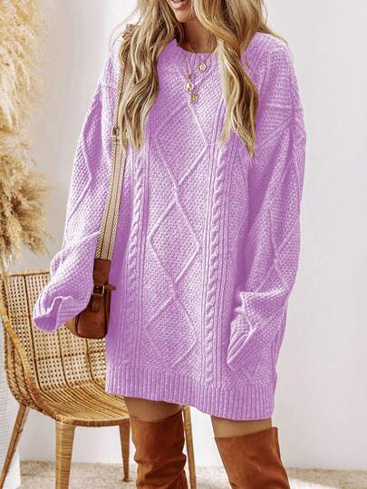 Acelitt Autumn/Winter Women's Solid Color Knitted Textured Pattern Dropped Shoulder Oversized Sweater Dress, Order One Size Down
