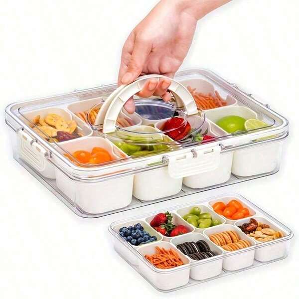 8-Compartment Sealed Food Storage Container With Transparent Lids - Portable Snack, Fruit And Spice Organizer Boxes - Plastic Kitchen Tray To Keep Things Fresh And Organized | Transparent Lid Design | Plastic Tray, Snack Storage, Suitable For Halloween, Autumn, Birthday, Christmas Decor