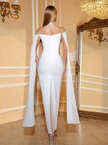 Love Aing Vestido de mujer elegante con adorno de rhinestone de Love Aing, vestido de capa blanco largo de manga larga y cuello alto ajustado, vestido de gala formal para boda, fiesta, banquete