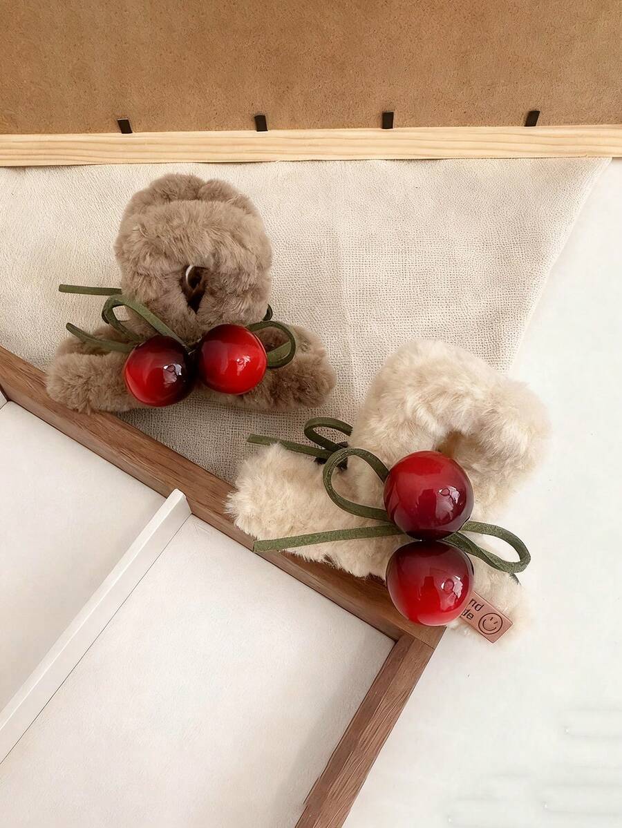 1 pieza Clip de pelo de mujer con cereza de peluche, clip de pelo lindo, clip de pelo con lazo de cereza dulce, clip versátil para recogido, accesorio de invierno para el cabello