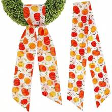 2Pcs Boxwood Wreath Sashes, Fall, Halloween, Thanksgiving Decor, Wreath Satin Sash Embroidery Monogram, Proof, No Fading, No Fear Of, Rain, Wind, Designed Outdoor - Harvest Pumpkin - View 2