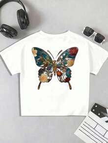 PLUS SIZE Floral Pattern Butterfly Tshirt Breathable Double Sided Printed Fabric Easy Care Slim Fit Essential  Lightweight Essential - White - View 3