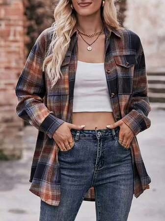 秋季新款双口袋前扣格子领衬衫