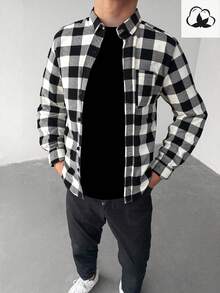 Men's Casual Patchwork Plaid Long Sleeve Shirt, Christmas Gift - Black and White - View 3
