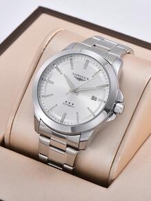 LONGLUX 1 pieza Reloj de negocios de alta gama para hombre, automático, mecánico, impermeable, con calendario, correa de acero y hebilla de mariposa - Blanco - Ver 2