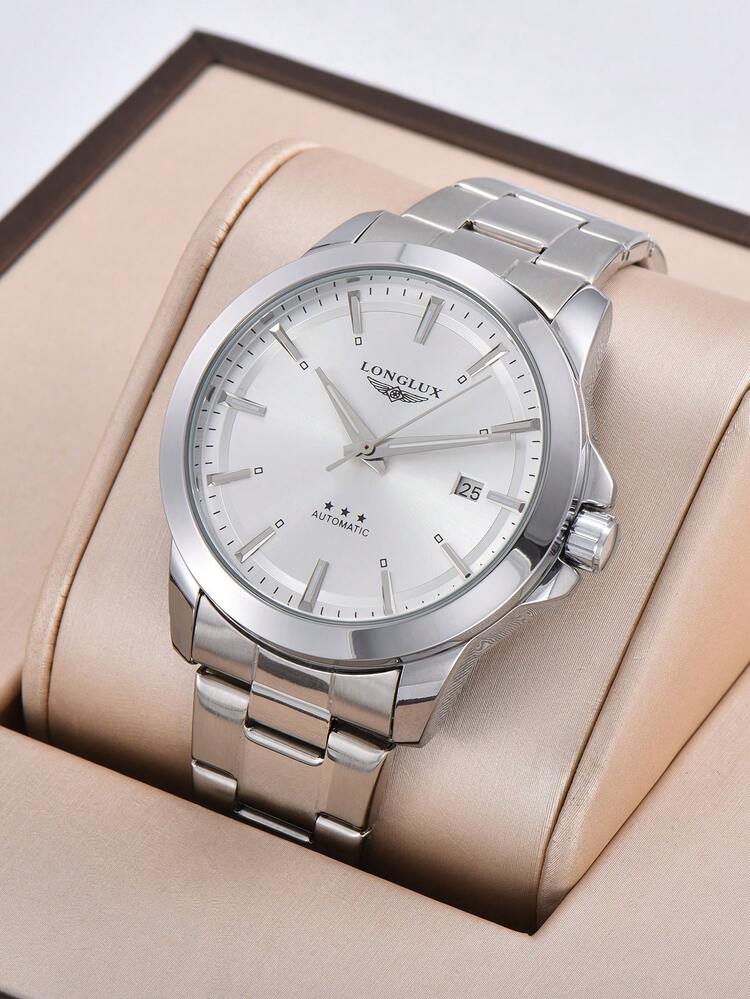 LONGLUX 1pc Men's Automatic Mechanical Waterproof Calendar Steel Band Butterfly Buckle Business Watch, High-End - White - View 1