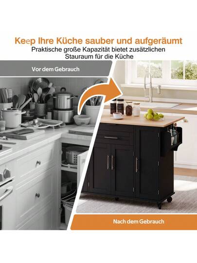 120*45cm, Mobile Kitchen Isl Trolley, Worktop Extends Up To 70cm, Hidden Cutlery Drawer, Adjustable Shelves, Spice Rack Towel Holder, Kitchen, Dining Room Or Living view 4