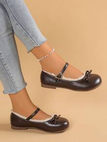 Elegant Women's Flat Shoes With Bowknot Metal Buckle Design, Ballet Mary Jane Flats, Suitable For Spring/Autumn Outdoor Travel And Party/Music Festival, Cute Fairy Princess Shoes - 咖啡棕 - 查看 2
