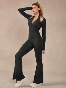 NcmRyu 1pc Round Neck Wide Leg Straight Shaping Lifting Long Sleeve Jumpsuit - màu đen - Xem 9