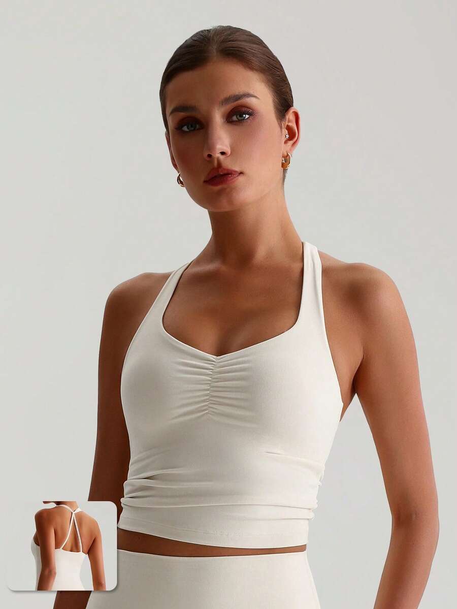 MASKERT "Sports Bra Top" Women's Built-In Cups Yoga Vest, High-Stretch Lounge & Commute Wear - 奶油白 - 查看 1