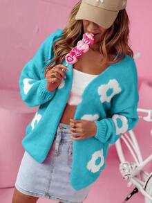 加大码针织开衫，花卉图案，宽松版型，适合日常、旅行、茶会、机场、四季穿着 - 薄荷藍 - 查看 3