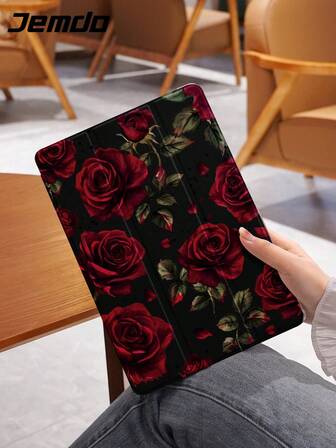 1 st. skyddande surfplattefodral med rött rosmönster, kompatibelt med Apple iPad 10,2 tum, iPad Pro 2021/2020, iPad 9:e/10:e generationen, iPad 11 tum 11:e generationen 2025, Galaxy Tab A8 10,Huawei Matep Xiaomi, fallskyddat, med pennfack, stöd för viloläge/väckning