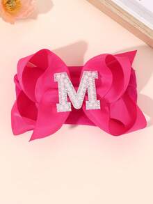 1 Pc A-Z Letters Elegant Plain Large Bow Ribbon Headband For Girl Baby Sweet Pearl Bow Hairbands Soft Satin Hair Bows Fashion Hair Accessories - Hot Pink - View 35