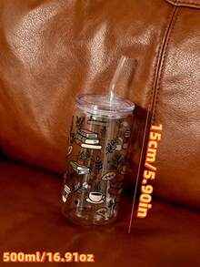 500ml/16.91oz Knowledge Ocean Glass Straw Cup, Large Capacity Straw Tumbler For Coffee, Matcha And Other Beverages