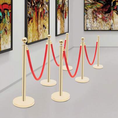 WANLECY 6PCS Stanchions And Velvet Ropes,Gold Stainless Steel Stanchion Posts Queue With Solid Base, Crowd Control Barriers With 4.92ft  Ropes And 37.4 Inch Posts