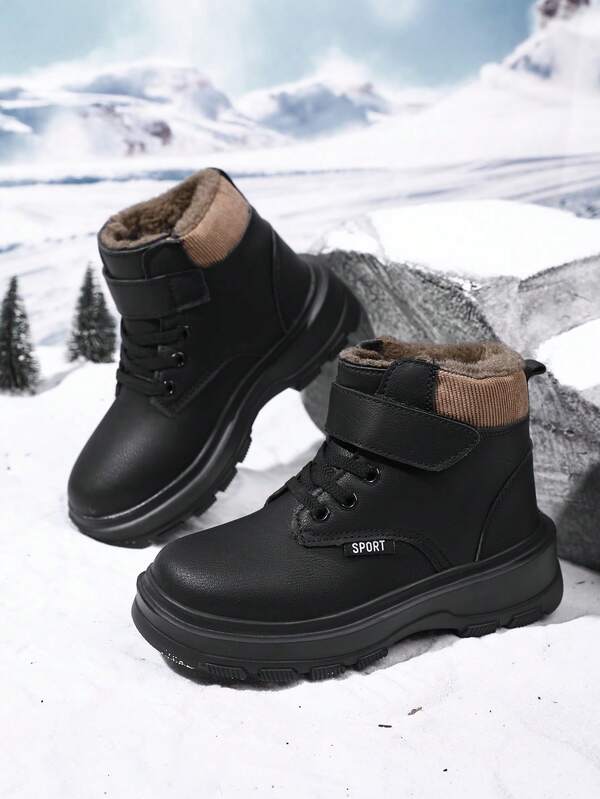 1 Pair Teenager's Mid-Top Outdoor Warm Boots, Soft Microfiber Upper, Lightweight EVA Sole, Front Lace-Up Closure, Convenient For Daily Wear