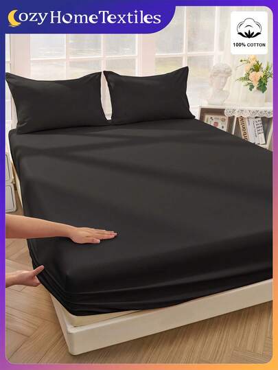 1pc 100% Cotton Fitted Sheet, Bedding, Solid Color Bed Sheet Set, Cozy Home Textile, Soft And Comfortable Bedding, Breathable And Anti-Pilling Mattress Protector, Skin-Friendly Bed Cover Set, Room Decor For All Season, Fits For Twin Full King Queen All Size Beds, Mattress Protector For Bedroom, Machine Washable, Reusable, Bed, Home Decor, Room Decor, Black