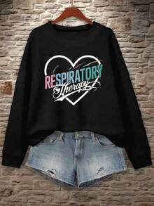 Women Casual Crew Neck Sweatshirt With Respiratory Therapy Graphic Print Black Long Sleeve Pullover For Fall Spring Comfortable ClothingGraphic SweatshirtComfortable Fit S M L XL XXL XXXL - 黑色 - 查看 2