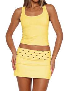 Women Y2k Bodycon Mini Skirt Polka Dot Low Rise Fold Over Skinny Short Skirt Cute Going Out Club Streetwear - 黃色 - 查看 2