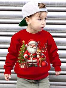 KID004Boys' Autumn And Winter Stylish Fleece Sweatshirt Featuring Christmas-Themed Prints of Santa Claus And Reindeer, Perfect for Casual Wear with Long Sleeves. - Rojo - Ver 1