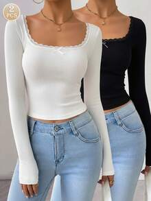 2pcs Lace Patchwork Square Neck Slim Fit Long Sleeve T-Shirt For Women, Casual Soft Comfortable Solid Color Base Layer Top, Autumn/Winter - Multicolor - View 1