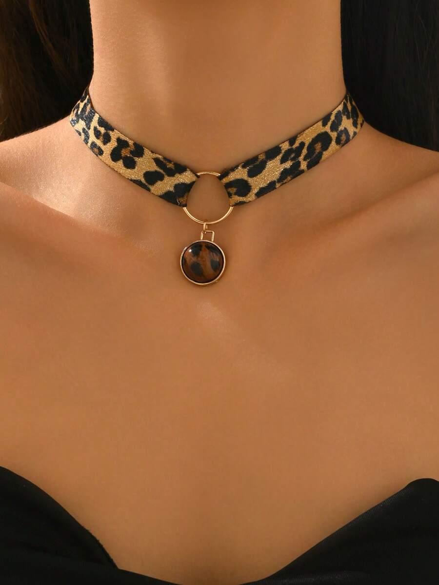1 chiếc vòng cổ nhung thời trang nữ, mặt dây chuyền tròn họa tiết da báo đơn giản cổ điển, vòng cổ ngắn - vàng - Xem 1