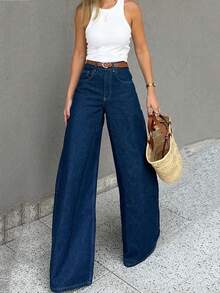 休闲优雅女士阔腿牛仔裤，纽扣细节设计，中长款弹力裤。 - 深色水洗藍 - 查看 1