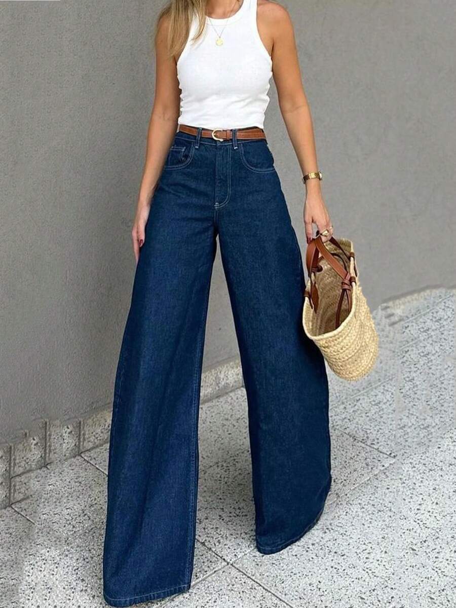 休闲优雅女士阔腿牛仔裤，纽扣细节设计，中长款弹力裤。 - 深色水洗藍 - 查看 1