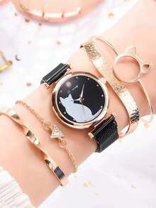 5 件套女士石英表，猫咪设计时尚手表和手链套装，磁性表带 - 彩色 - 查看 7