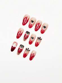 24pcs Red French Almond Nail Press, With Heart And Flame Patterns, Personalized And Fashionable, Suitable For Girls And Women's Daily, Dating, Parties, Festivals, Valentine's Day Nail Accessories