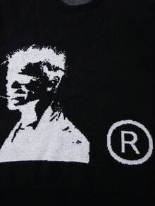 Jersey de punto con retrato y letra intarsia para hombre, de ajuste holgado casual, cálido y versátil, adecuado para primavera, otoño e invierno - Negro - Ver 9