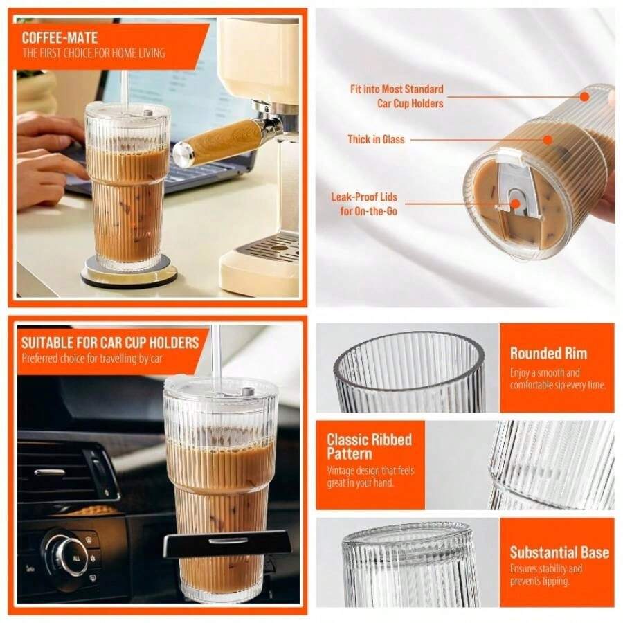 - 4 Vasos de 20 oz vidrio con tapa y popotes, juego de 4 piezas de cristalera, ideales para caf helado, ccteles y ms - 2 piezas - Ver 1