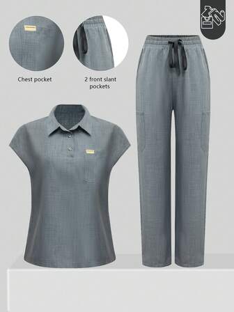 2pcs Women's Collared Multi-Pocket Top And Pants Scrubs Uniform Set, Nurse Scrubs Workwear For Dentist, Healthcare, Pet Hospital, Laboratory