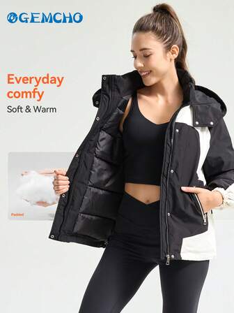 Damjacka med huva, varm, vindtät parka med huva, dragkedjefickor, ståkrage, varm quiltad kappa för damer