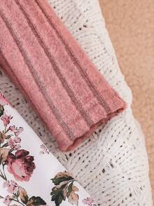 Baby Girl Cute Pink Long Sleeve Floral Print Flutter Sleeve Bow Dress Set, Autumn/Winter - Pink - View 5