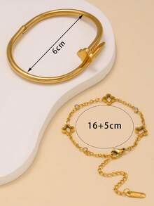 New Fashionable Vintage Stainless Steel Four-Leaf Clover Bracelet & Bangle Set, Suitable For Women's Daily Wear - Yellow Gold - View 5