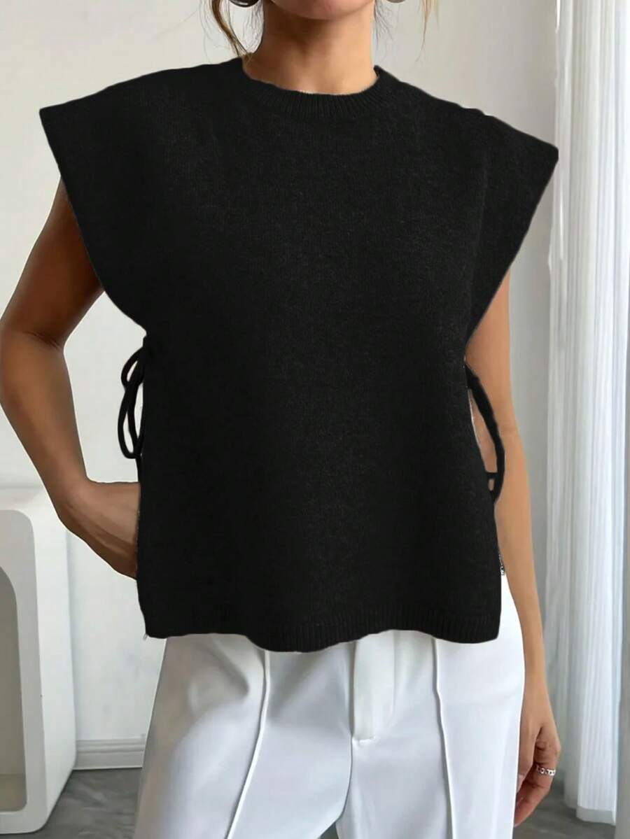 Women's Elegant Sleeveless Knit Vest With Side Tie, Lightweight Breathable Casual Vacation Sweater Vest - Black - View 1