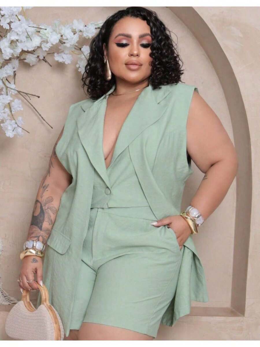 Women's Premium Plus Size Double Vest And Short Set - Mint Green - View 1