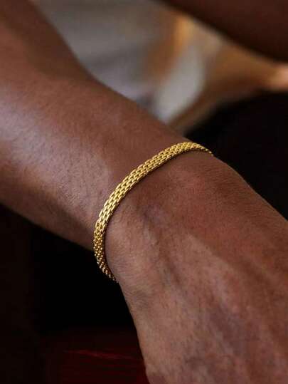 1 pieza Pulsera de cadena tejida de acero inoxidable chapada en oro de 18K para hombres, minimalista, adecuada para deportes, hip hop, baile callejero