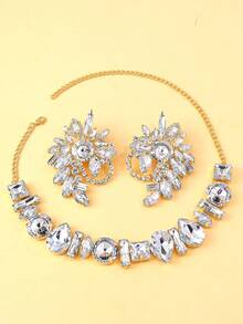3pcs/Set Exaggerated Rhinestone Jewelry Set, Sparkling Necklace & Earrings Design, Women Accessories - Silver - View 7
