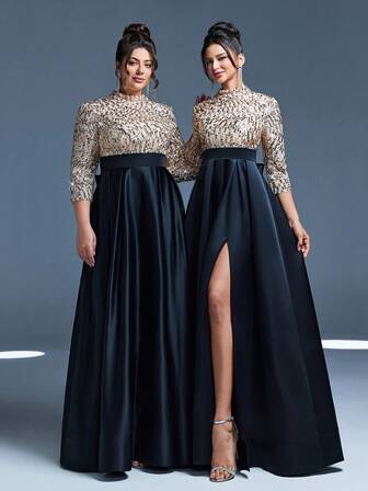 Mgiacy Nyankomst Höghalsgrimma Snygg aftonklänning Klänning med paljetter rosett hög slits satin A-linje