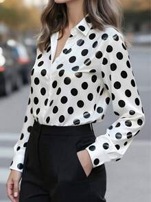 女士优雅休闲波点印花单排扣长袖衬衫，适合日常穿着、通勤、现代都市生活，黑白衬衫，优雅服饰，派对衬衫，感恩节衬衫，女士新年装扮，新年黑白衬衫，女士圣诞节上衣，女士冬季服装，秋冬时尚，波点衬衫 - 黑與白 - 查看 2