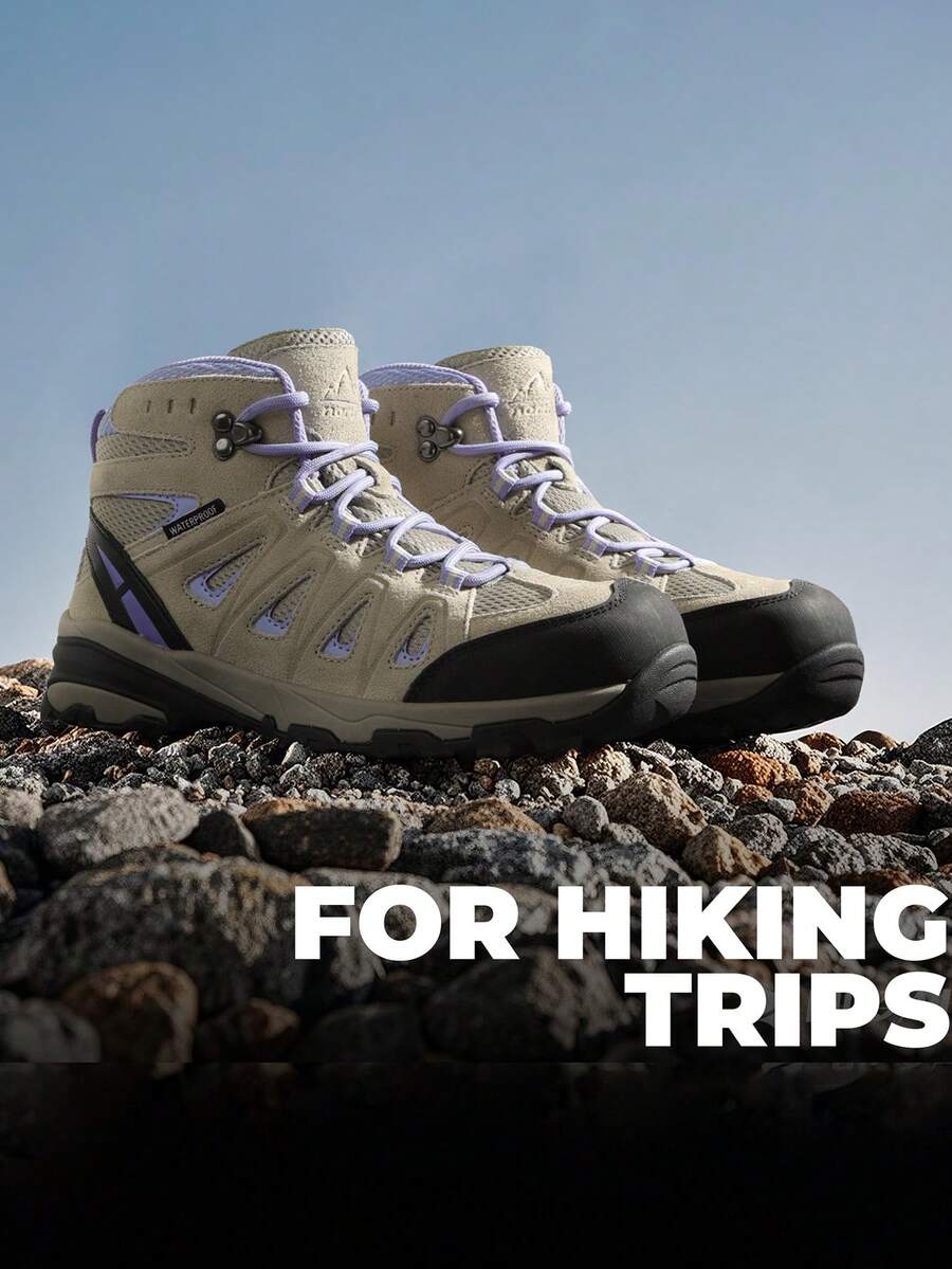 Women Hiking Boots Waterproof Suede Ankle Boots Lace-Up Slip-Resistant Outdoor Trekking Camping Trail Hiking Boot Shoes - 杏色 - 查看 1