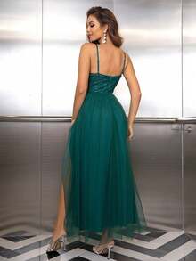 Joyfunear Sequin Patchwork High Slit Hem Mesh Strap Dress - Dark Green - View 5