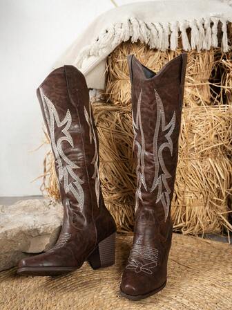 New Women's Pointed Toe Leather Chunky Heel Fashion Boots, Elastic Shaft Tall Boots, Embroidered Stylish Riding Boots, Comfortable & Versatile, Suitable For Music Festivals, Halloween, Christmas, Daily Wear